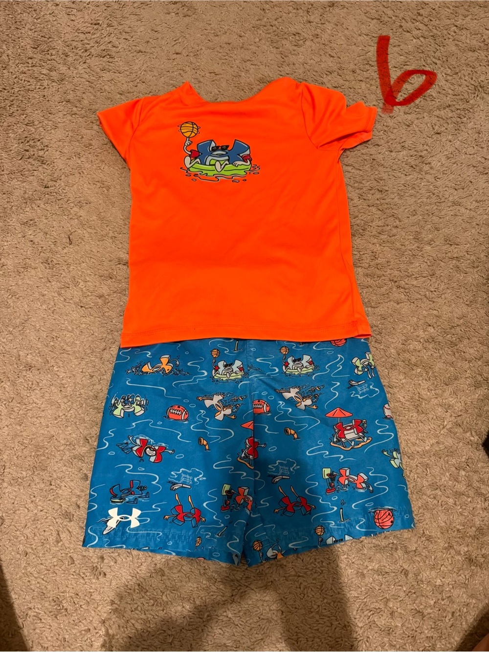 Under Armour Kids Orange Rashguard with Blue Printed Swim Shorts